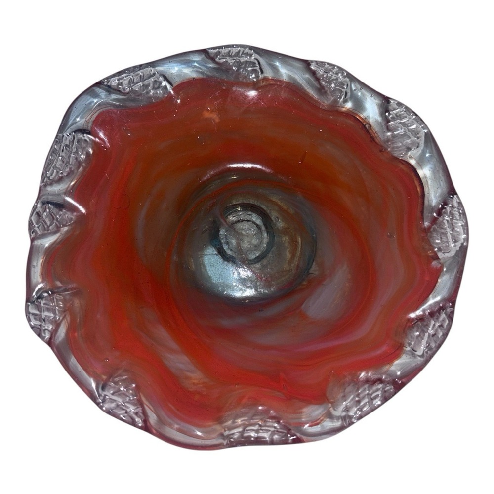 Vintage Hand Blown Murano Style Glass Bowl Red Ruffled Rim Mid Century